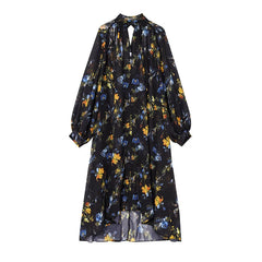 Floral Print Loose Midi Long Dresses Women Turtleneck Lantern Sleeve Boho Vestidos Spring Summer Lady Vacation Dress