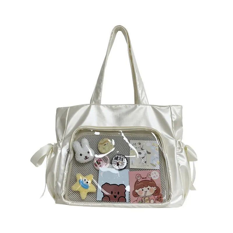 Ingvn  Sweet Ribbon Satin Bow Tote Bag Ballet Style Original Comic Handbag Beautiful Double Large Capacity Student Shoulder Bag