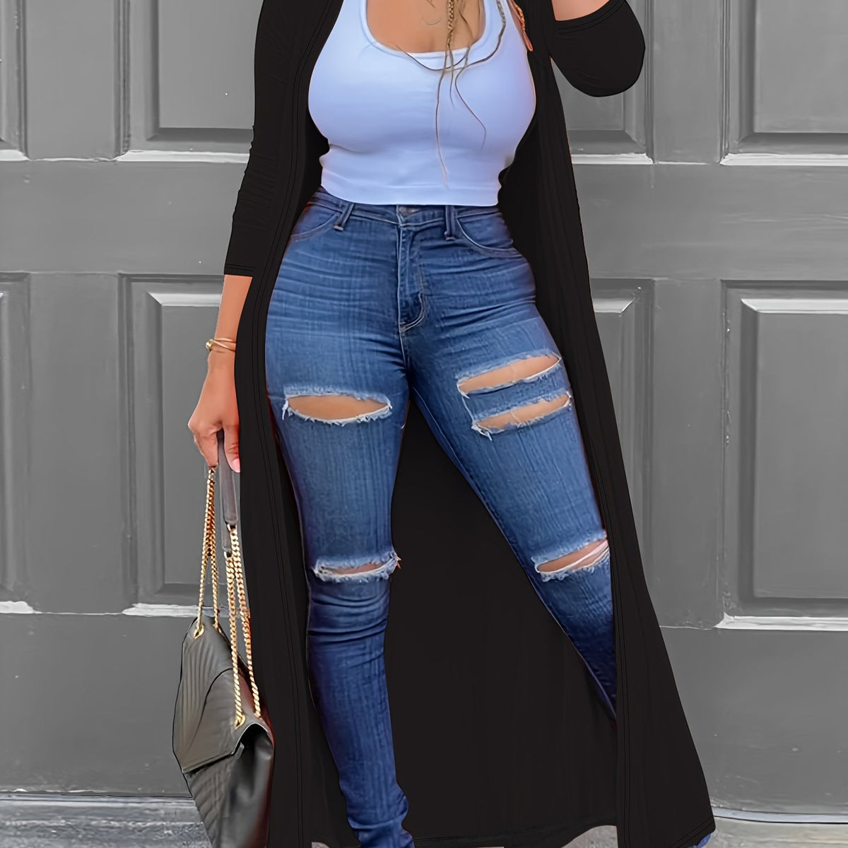 1pc Women's Plus Size Long Cardigan - Casual Style, Solid Color, Polyester Knit, Open Front, Long Sleeve, Pullover, Non-Waterproof, for Spring/Autumn