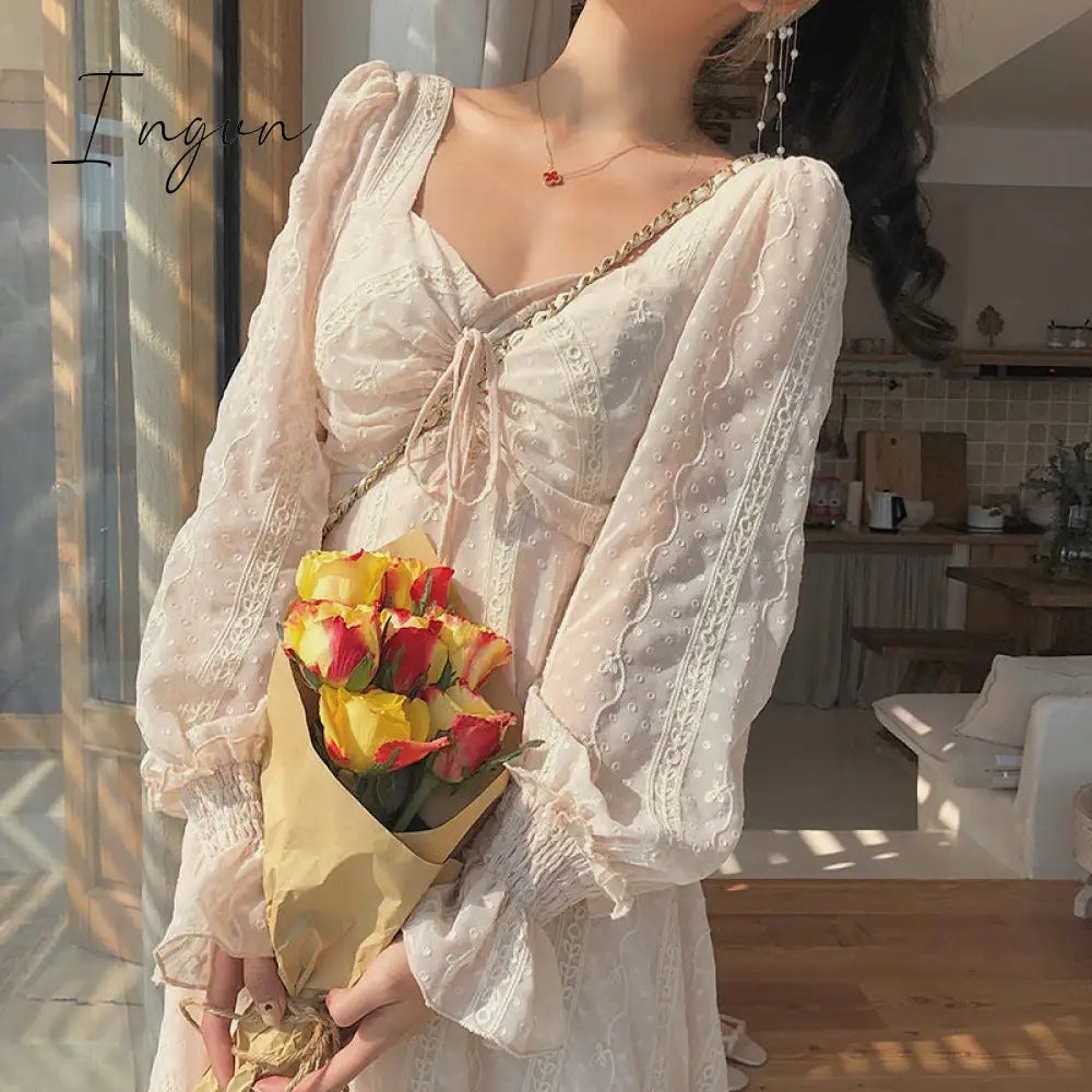Ingvn - Vintage Fairy Dress Women Elegant Designer Chiffon Dress Long Sleeve French Party Midi Dress Casual Women's Clothing Autumn