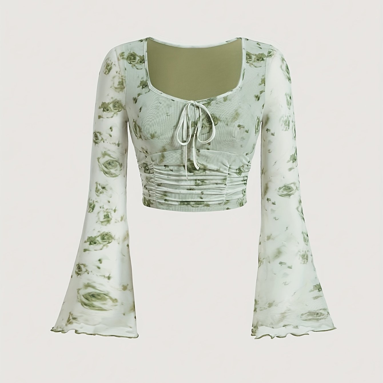 Trendy Tie Dye Print Ruched T-Shirt - Flattering Long Flare Sleeves, Casual Chic Top for Spring and Fall, Coquette Y2K Style Women's Clothing with Relaxed Fit and Soft Fabric
