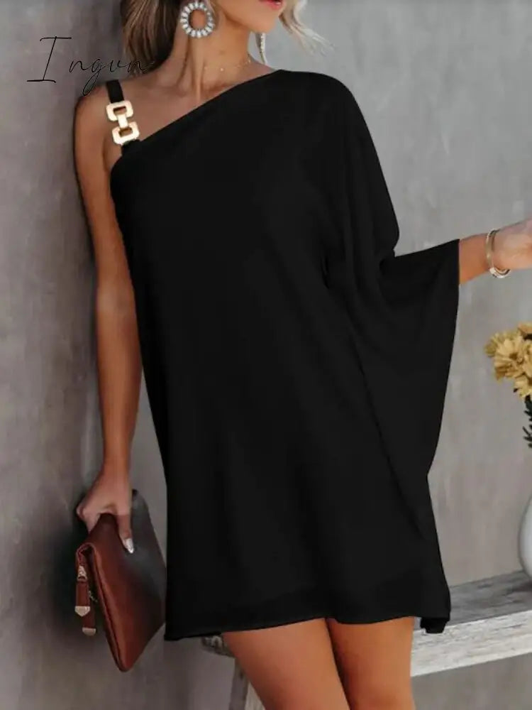 Ingvn - Sexy One-Shoulder Long Sleeve Party Dress Spring Vintage Halter Loose Irregular Dress Elegant Women Print Ruffle Dresses Vestido