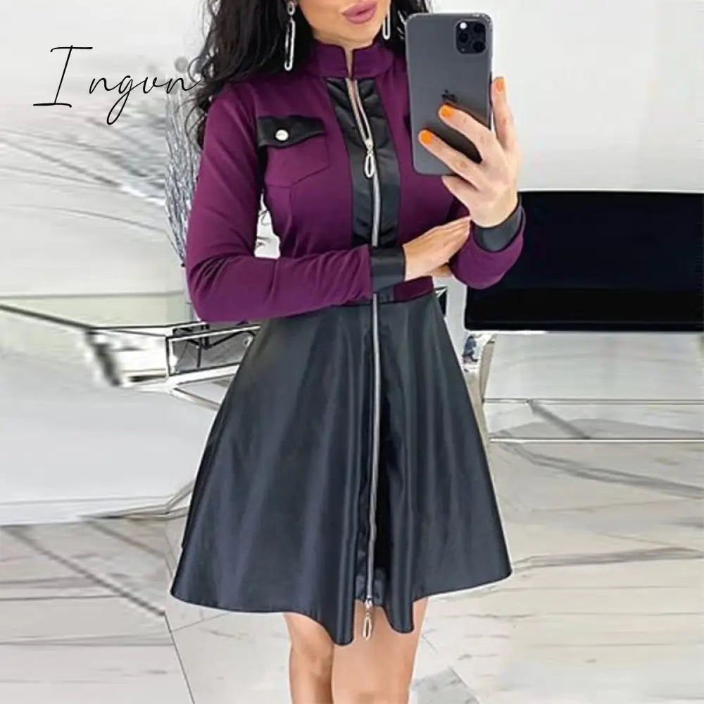Ingvn - Sexy Stand Collar Print Zipper Long Sleeves Mini Dress Casual Autumn Winter Fashion Pocket Pu Leather Dress Elegant Slim Dresses