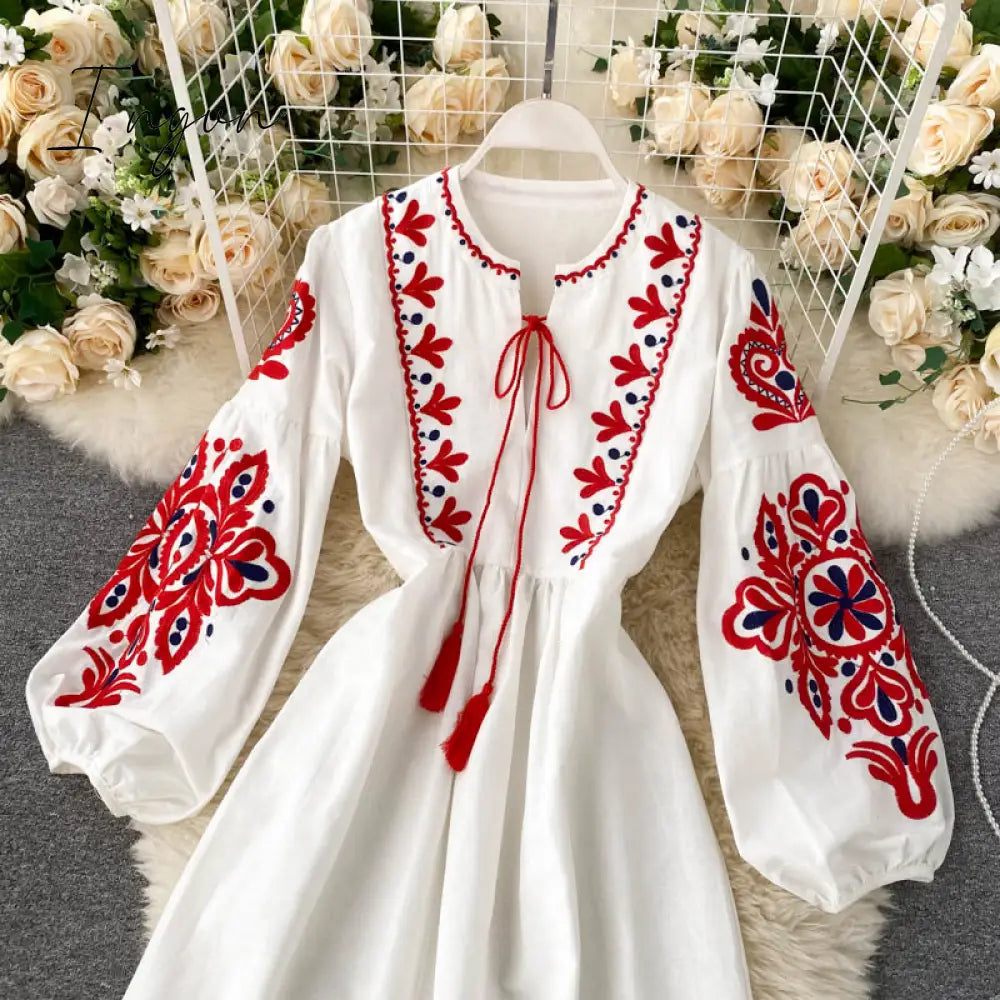 Ingvn - Women Autumn Dresses Bohemian Embroidered Flower O-Neck Lantern Sleeve High Waist Pleated Dress All-match Female Vestidos GK393