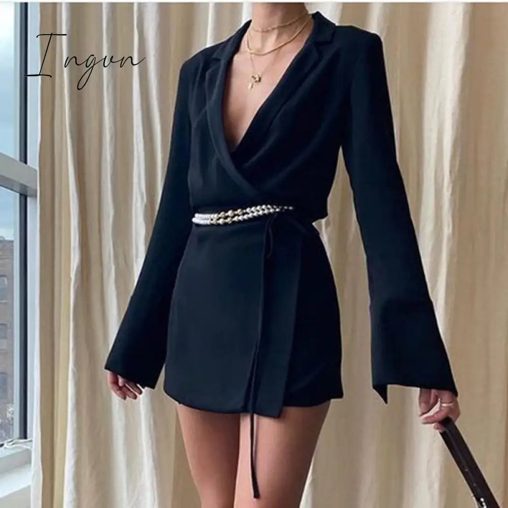 Ingvn - Black Satin V-Neck Shirt Dress Women Autumn Winter Flare Sleeve Lace Up Mini Dresses Elegant Ladies Party Vestidos