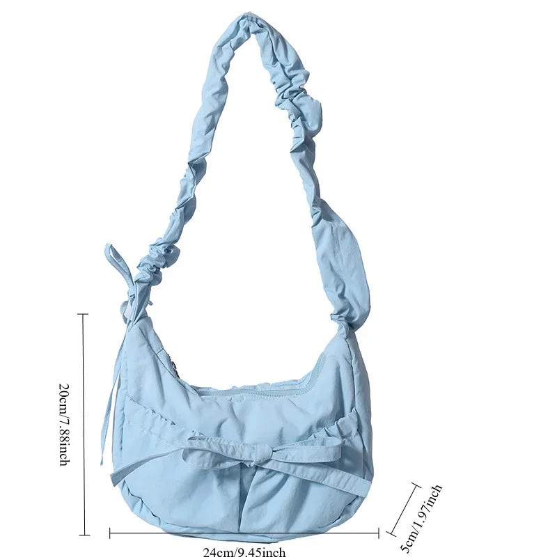 Ingvn  Popular Preppy Style Nylon Bow Hobo Bag Women Cute Pretty Pleated Shoulder Crossbody Bag Drawstring Exquisite Shoulder Bag