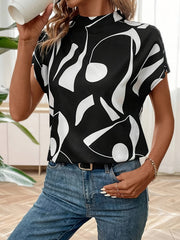 Abstract Print Mock Neck Blouse, Casual Short Sleeve Blouse For Spring & Summer, Women's Clothing