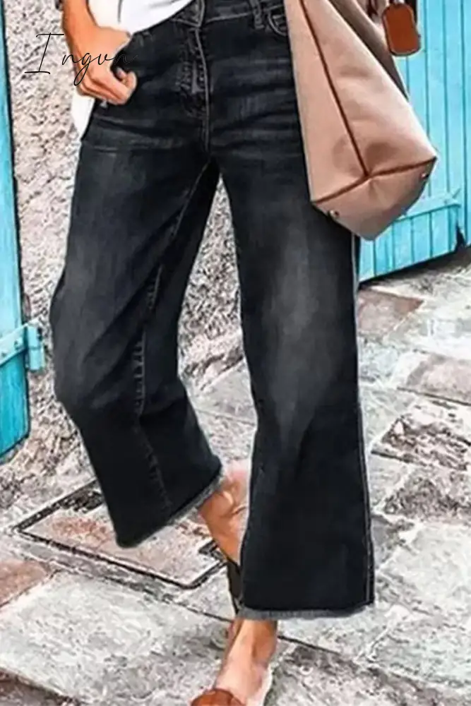 Ingvn - Casual Solid Patchwork Mid Waist Straight Denim Jeans