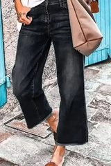 Ingvn - Casual Solid Patchwork Mid Waist Straight Denim Jeans