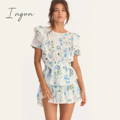 Ingvn - New Arrival Summer Short Sleeve Natasha Mini Dress Women Ruffled A-line Dress Blue Print