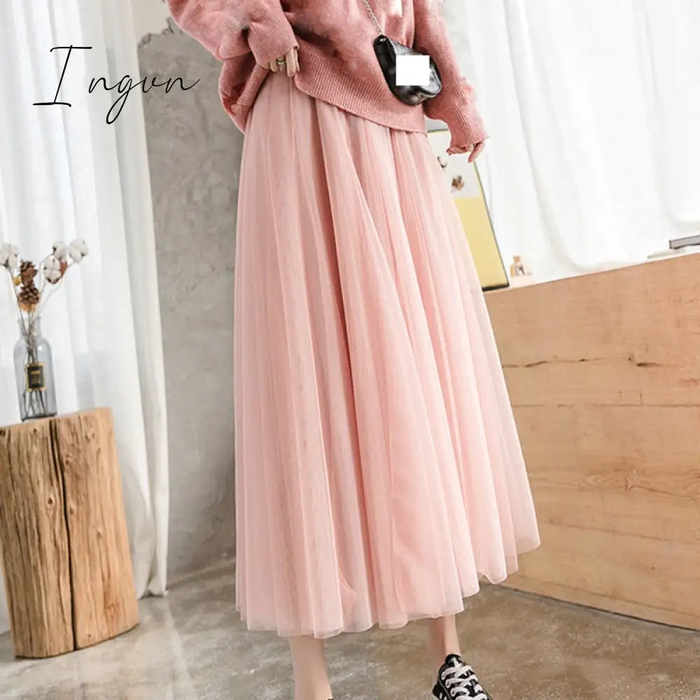 Ingvn - Autumn Winter Vintage Tulle Skirt Women Elastic High Waist Mesh Skirts Long Pleated Tutu Skirt Female Jupe Longue