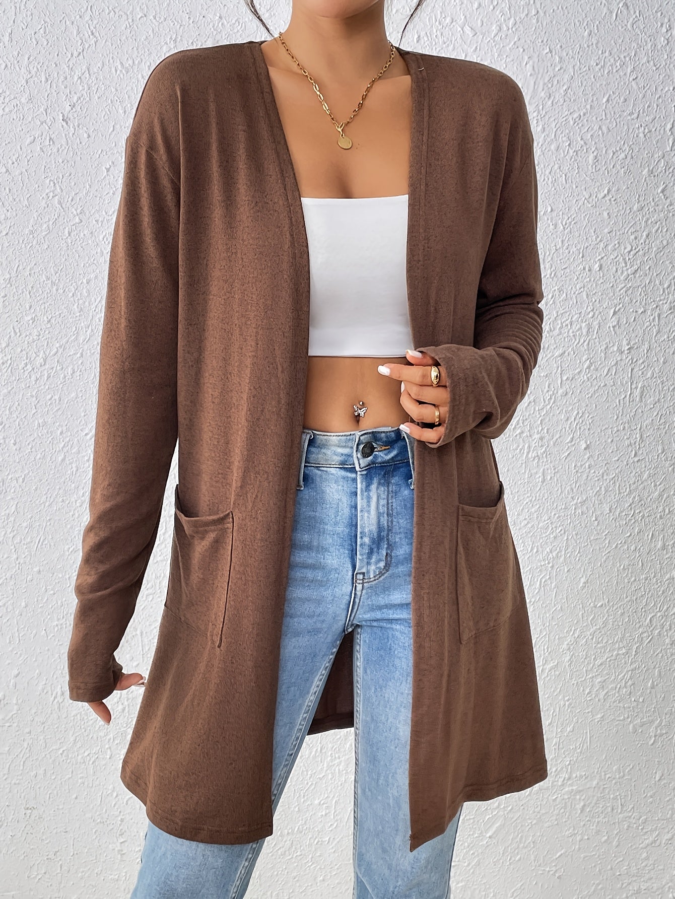 Dual Pockets Open Front Cardigan, Stylish Solid Color Long Sleeve Cardigan For Spring & Fall, Women's Clothing