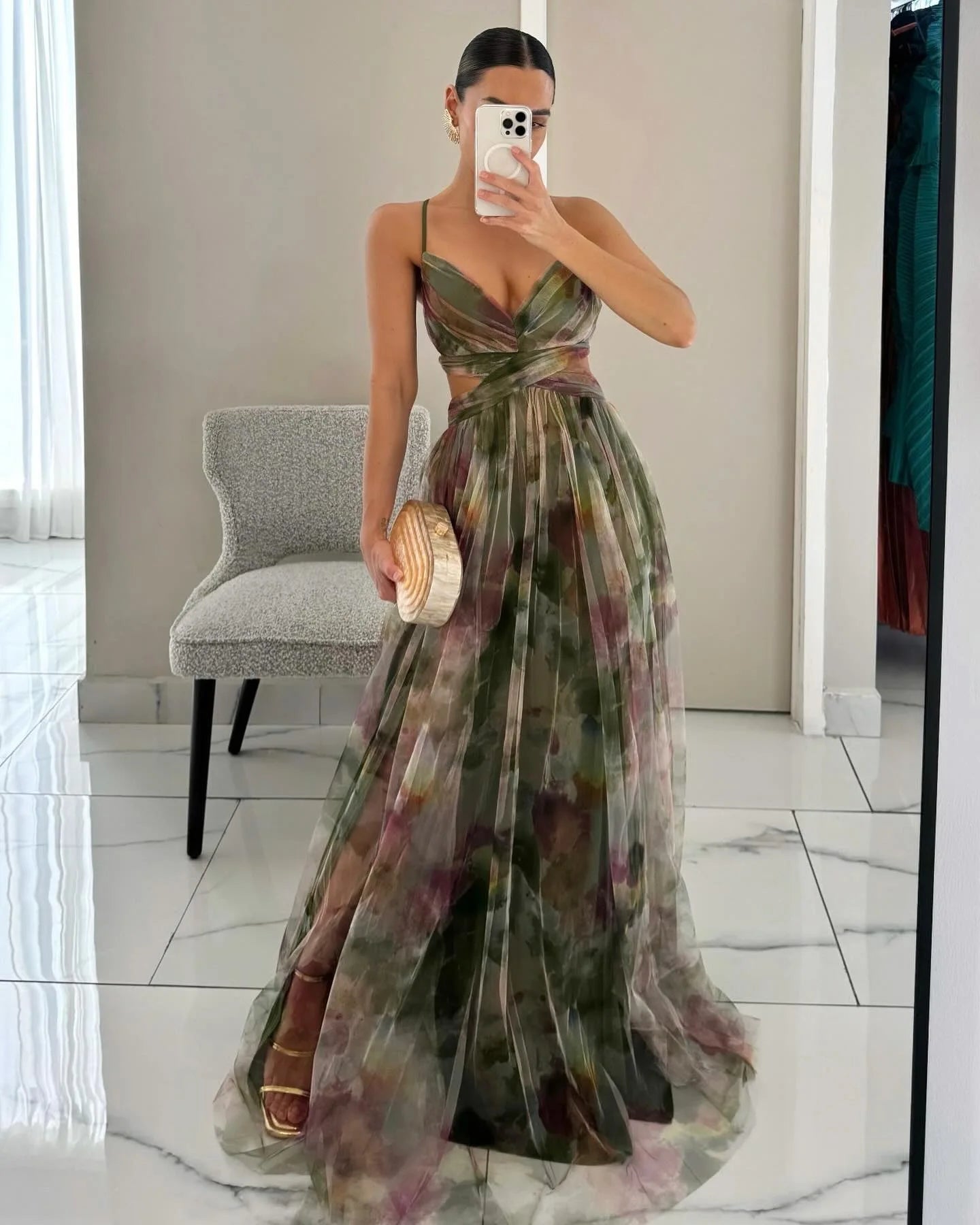 V-Neck Sexy Hollow Out Party Dress, Women Summer Loungewear Fashion Printing Maxi Dress, Sleeveless Lace-Up Ladies Dress Vestido