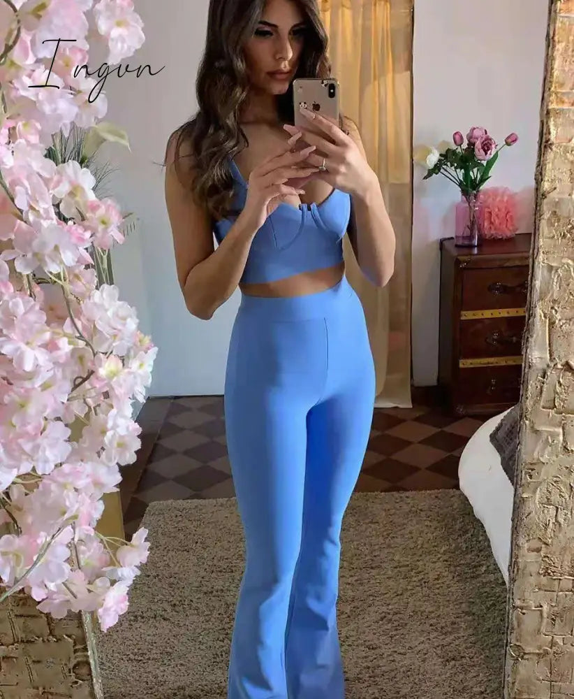 Ingvn - Summer New Women's Fashion Sexy Bandage 2 Two-piece Set Sleeveless Tight Short Top &  High Waist Flared Trousers Pants Set