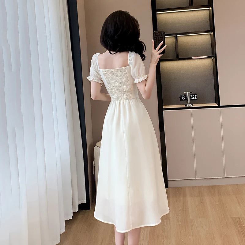 Vintage Chiffon Midi Dresses for Women  Summer New Elegant Chic Simple Fashions Slim Casual Sweet Female Clothing