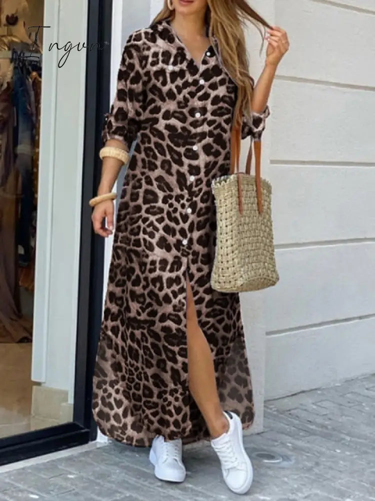 Ingvn - Long Sleeve Dress Checked Plaid Robe Maxi Beach Dress Summer Elegant Women Button Long Shirt Dress Split Print Lapel Party Robe
