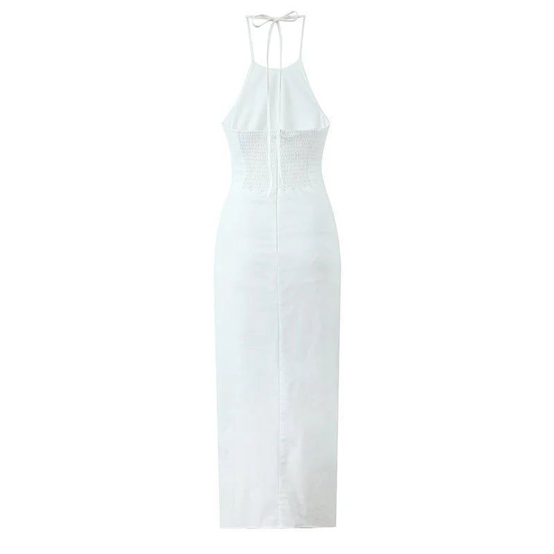 Sexy Backless Side Slits Halter Dress For Women Vintage Ruched Red Evening Party Dresses Cotton Linen Midi Robe White