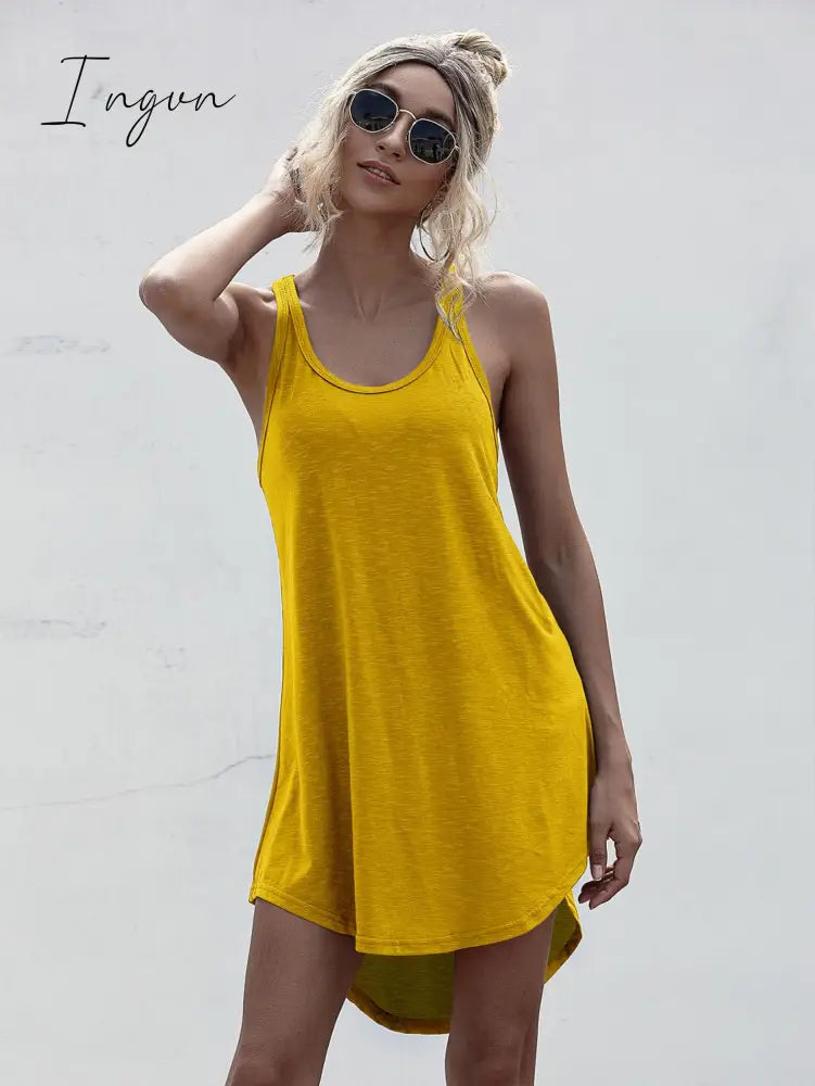 Ingvn - Solid Casual O-neck Sleeveless Tank Dress Women Loose Off Shoulder Asymmetrical Cotton Mini Dress