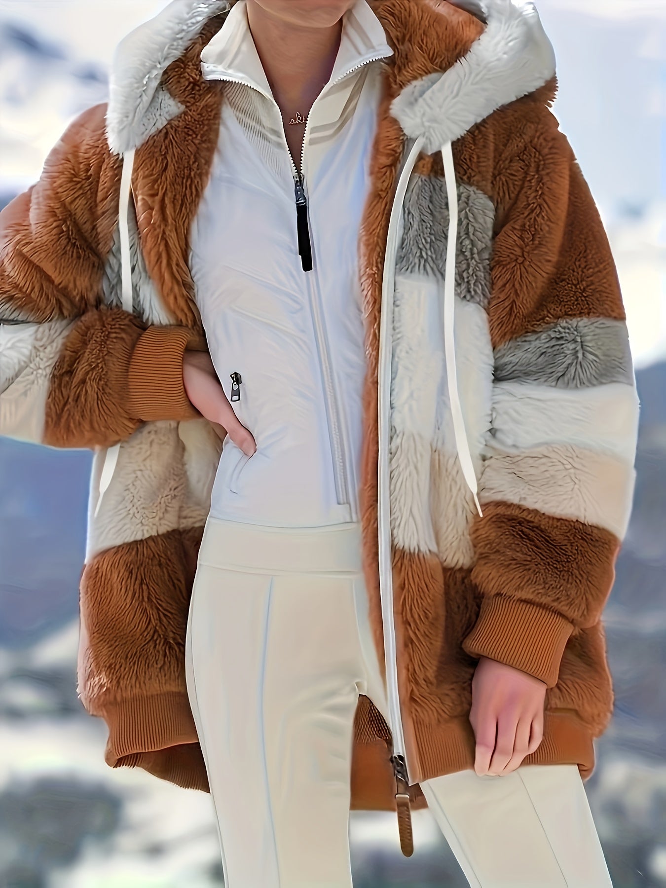 Fuzzy Color Block Coat, Casual Hooded Zip Up Drawstring Long Sleeve Outerwear, Women's Clothing