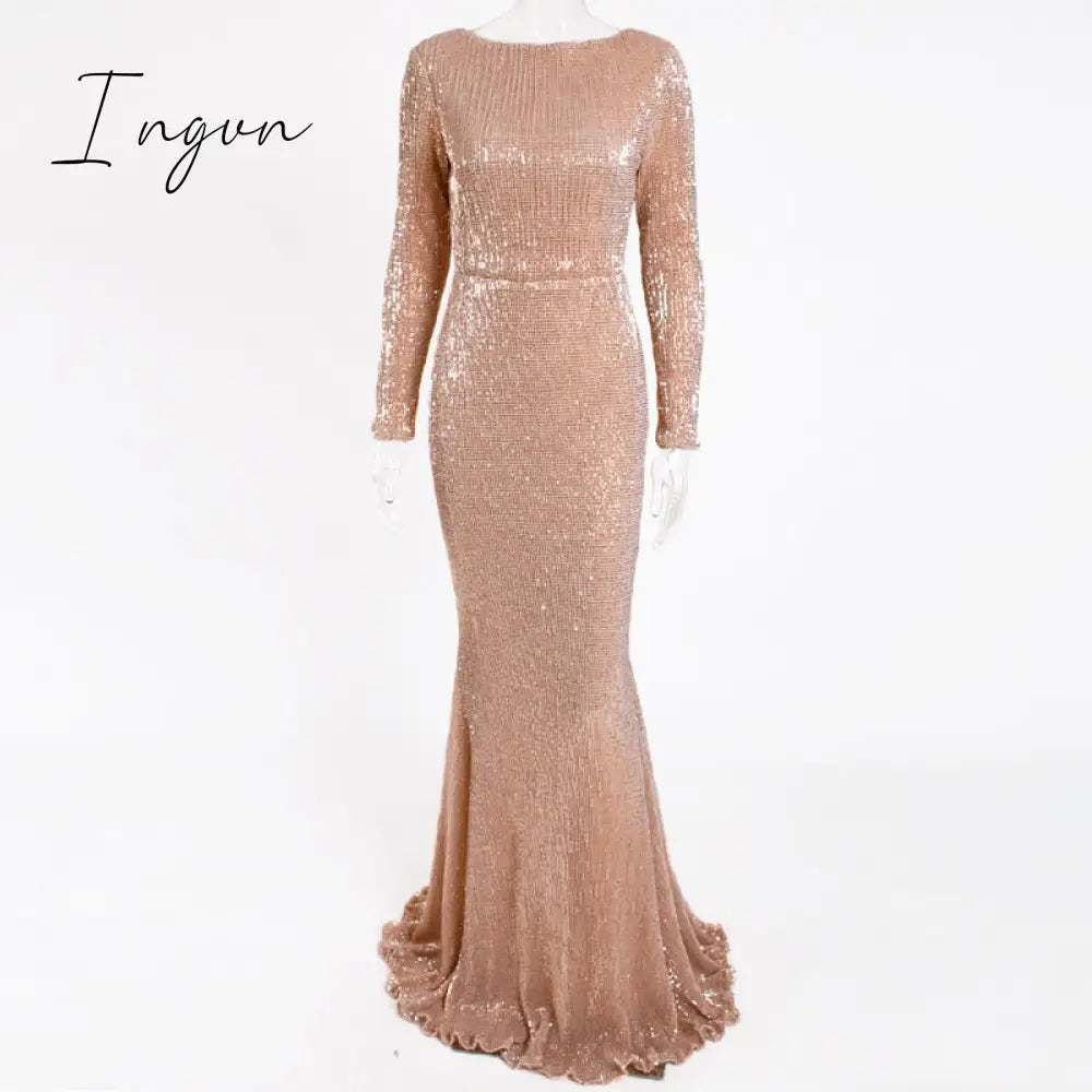 Ingvn - Elegant O Neck Long Sleeve Sequin Maxi Dress Floor Length Stretchy Bodycon Party Dress Gold Green Burgundy Black