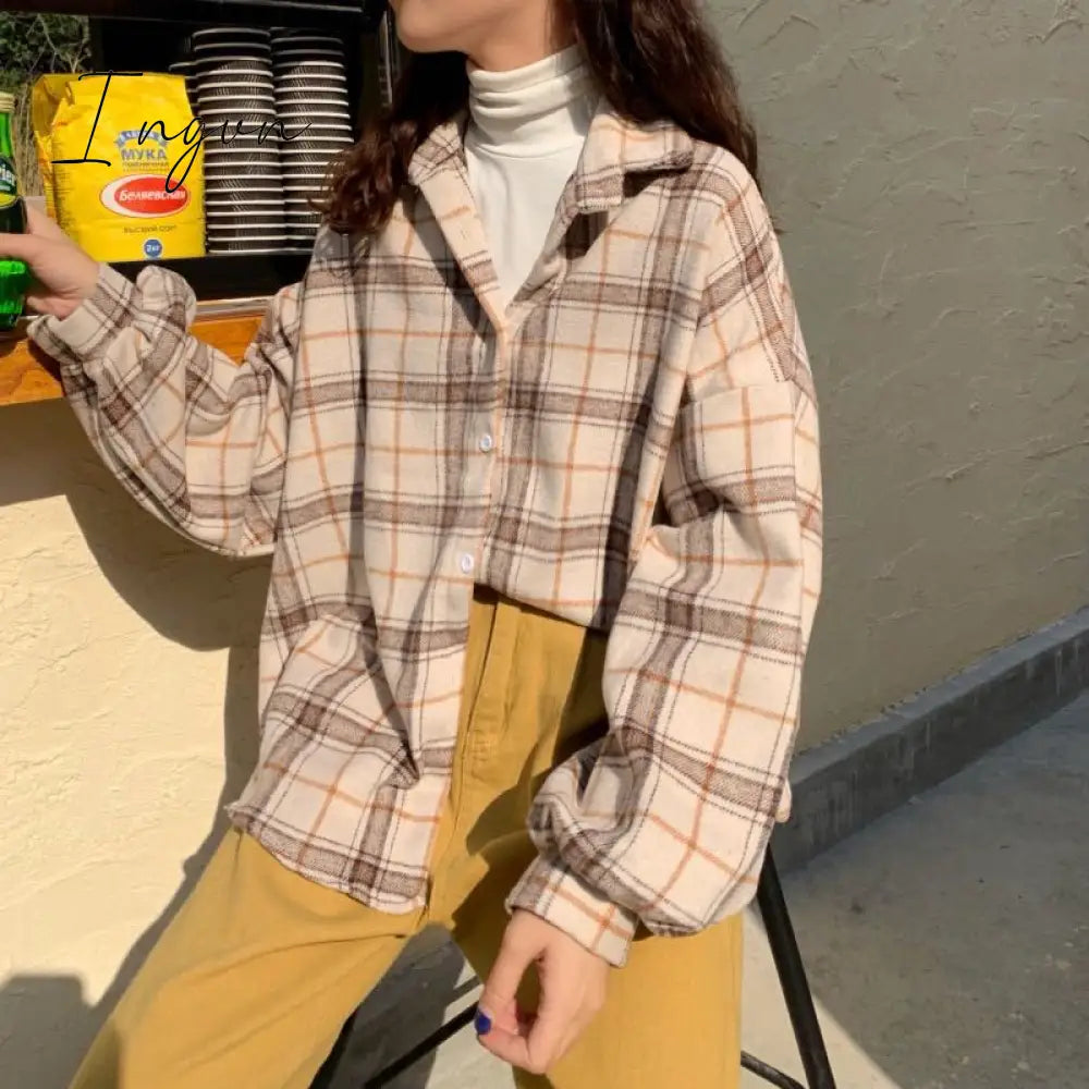 Ingvn - Women Blouses Turn-down Collar Spring Shirts Plaid All-match BF Batwing-sleeve Loose Outwear Harajuku Female 4 Colors Chic New