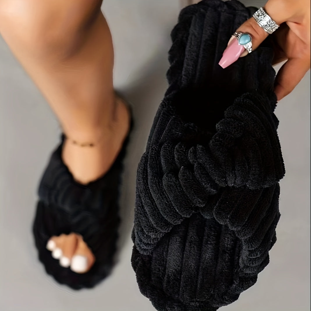 Womens Trendy Solid Color Open Toe Slippers - Ultra-Soft Cross Strap Design - Ideal for Cozy Home Lounging