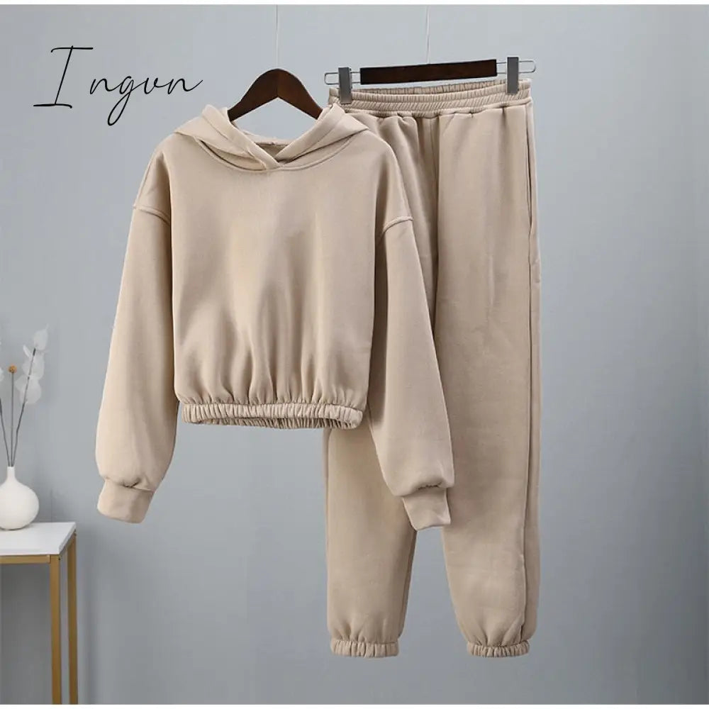 Ingvn - Fashion Casual Fleece Tracksuits Women Solid Warm 2 Piece Set Loose Hoodies And Sweatpants Suit Autumn Winter Sportswear Outfits