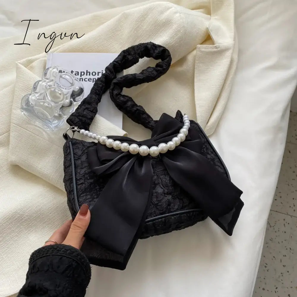 Ingvn - Pearl Female Bag Retro Luxury Designer Handbag Bow Crossbody Bags Fashion Canvas Women's 2024 Trend Shoulder bag Purses