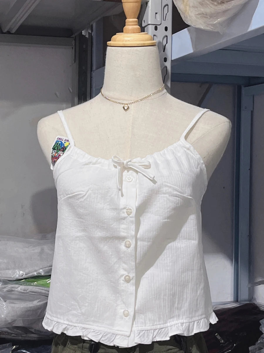 Lace-up Ruffles Crop Top Women Summer Buttons Strapless Sleeveless Sexy Slim Vest Female Sweet Casual Solid Y2k Cotton Tank Tops