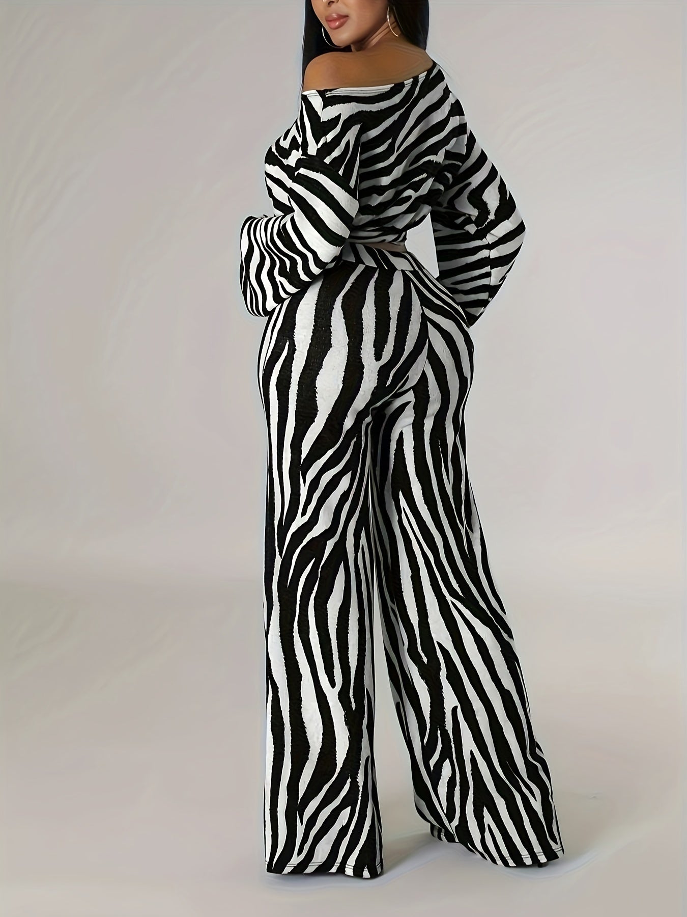Long Sleeve Cut Out Crop Top & Wide Leg High Waist Pants Set, Zebra Pattern Elegant Outfits, Women's Clothing