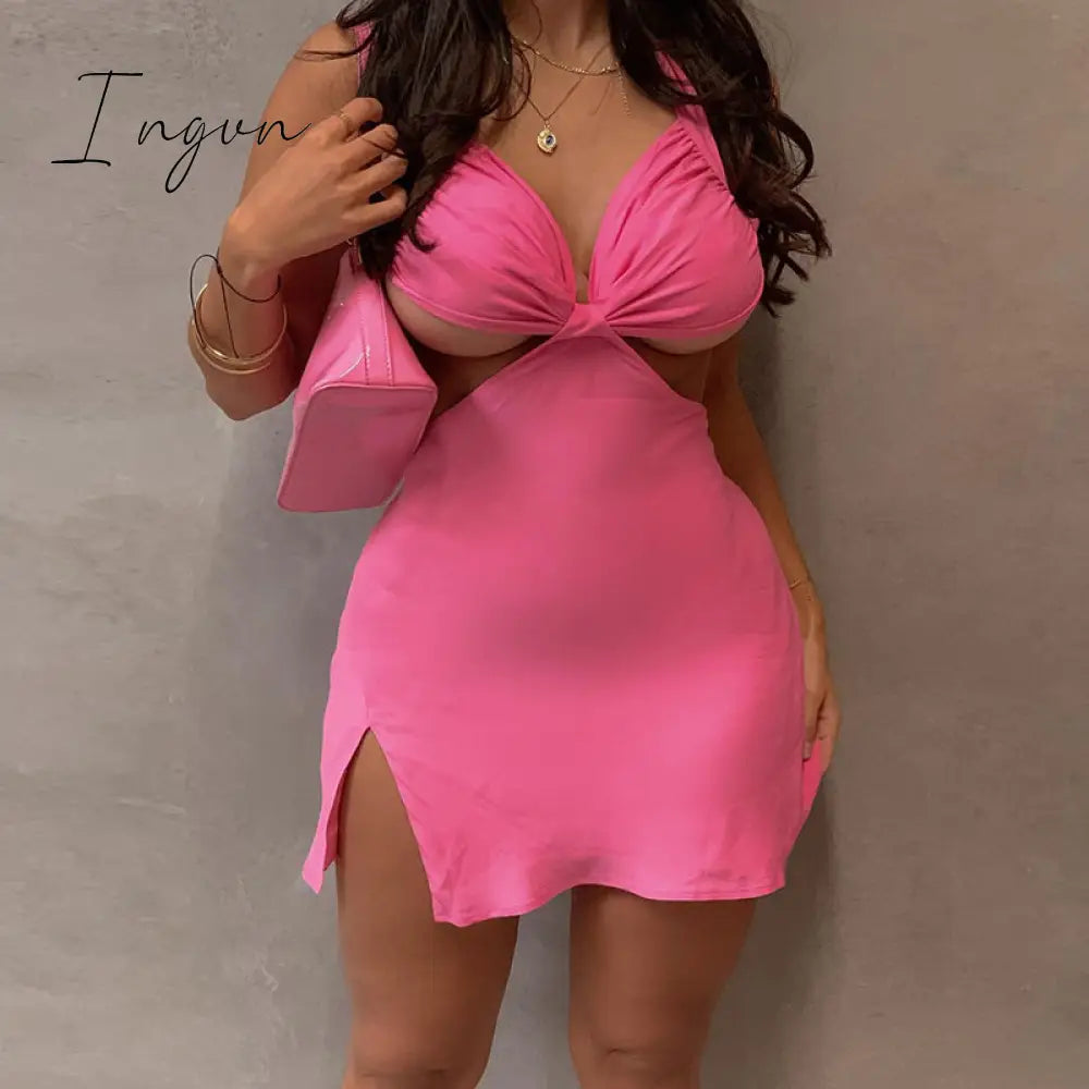 Ingvn - Halter Hollow Out Dress Women Bandage Slim Strapless Bodycon Dress Sexy Mini Backless Summer Party Dresses