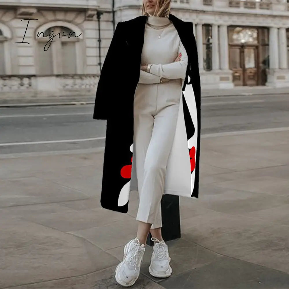 Ingvn - Casual Lapel Long Sleeve Blend Wool Coats Fashion Portrait Print Women Long Overcoat Winter Elegant Lady Cardigan Outerwear