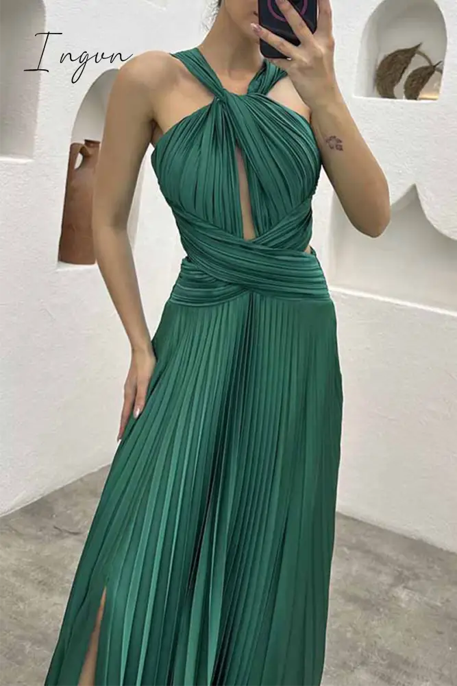 Ingvn - Elegant Solid Fold Halter Evening Dress Dresses