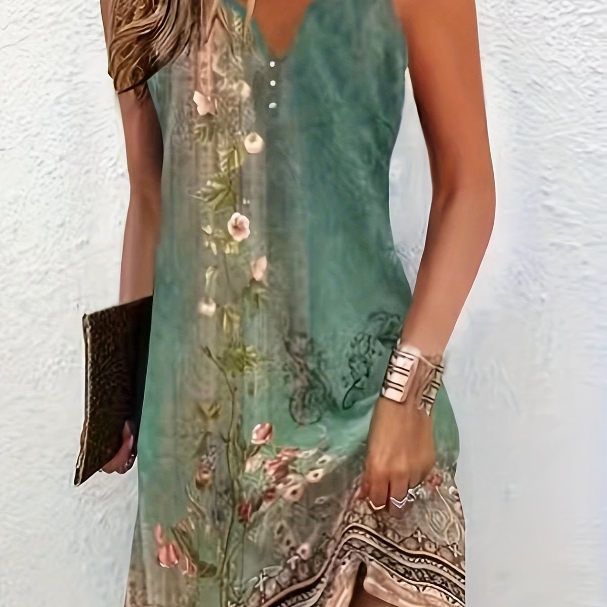 Elegant Floral Notched Vest Dress for Women – Machine Washable, Stretch Fit, Multi-Seasonal Sleeveless Apparel with Button