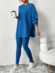 Sleek Duo, Elegant Solid Color Ribbed Hoodie & Leggings Set for Women - Long Sleeve, Polyester Blend, Machine Washable - Perfect for Spring/Fall