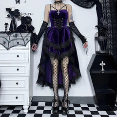 Ingvn - Women Fashion Gothic Vintage Velvet Croset Dress Aesthetic Punk Hight Waist Lace Trim Mesh Mini Dresses Fairy Grunge Partyclub Dress