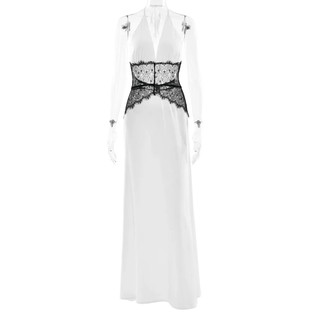 2025 Summer Backless Sexy Maxi Dress Women White Black Gown Lace Patchwork Halter Deep V Neck Sleeveless Party Club Long Dresses