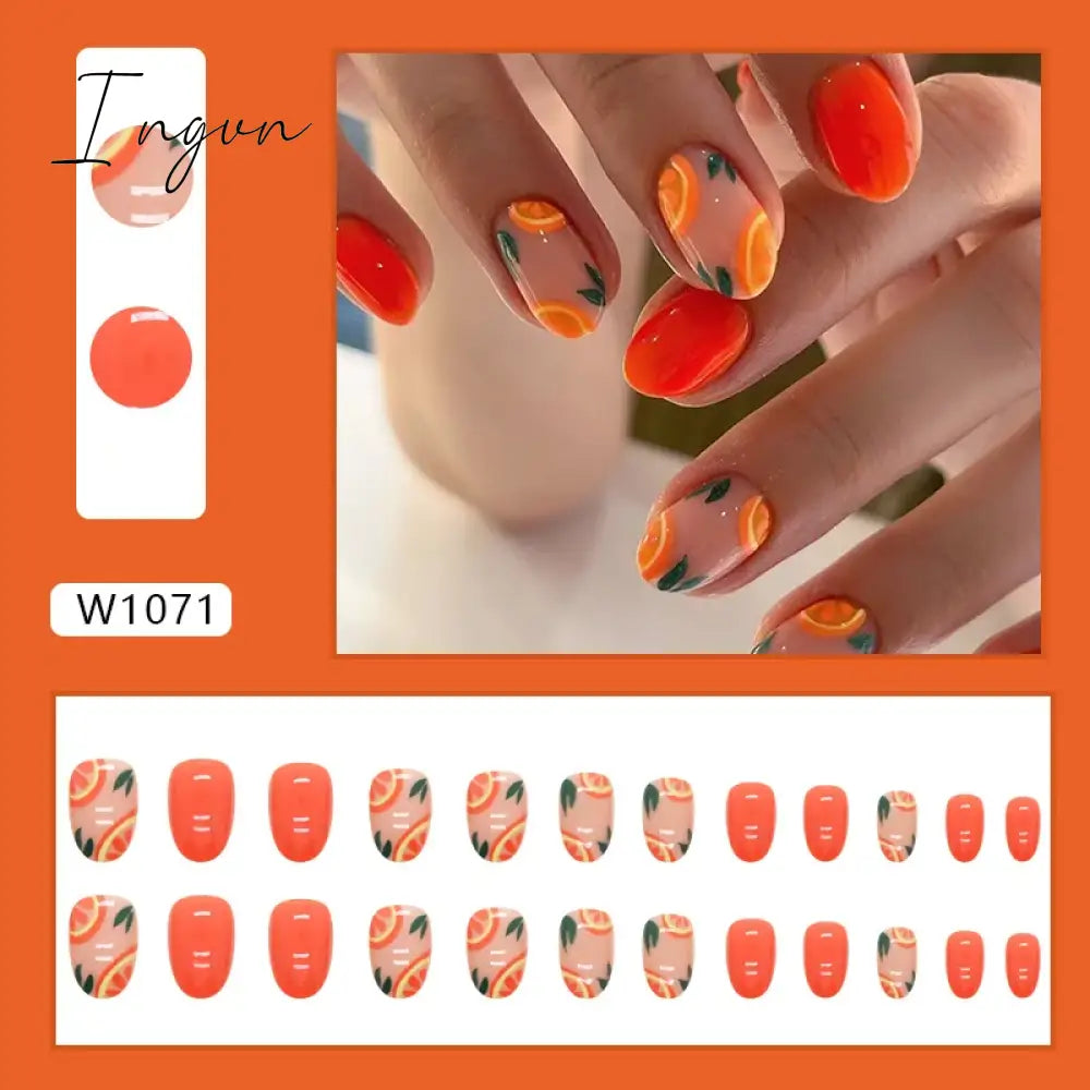 24pcs Cute Fruit False Nail Short Persimmon Orange Printed Press on Nail Manicure Patch Full Cover Detachable Acrylic Nail Tips
