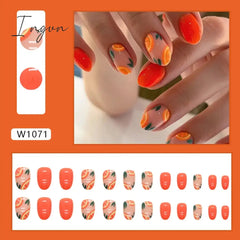 24pcs Cute Fruit False Nail Short Persimmon Orange Printed Press on Nail Manicure Patch Full Cover Detachable Acrylic Nail Tips