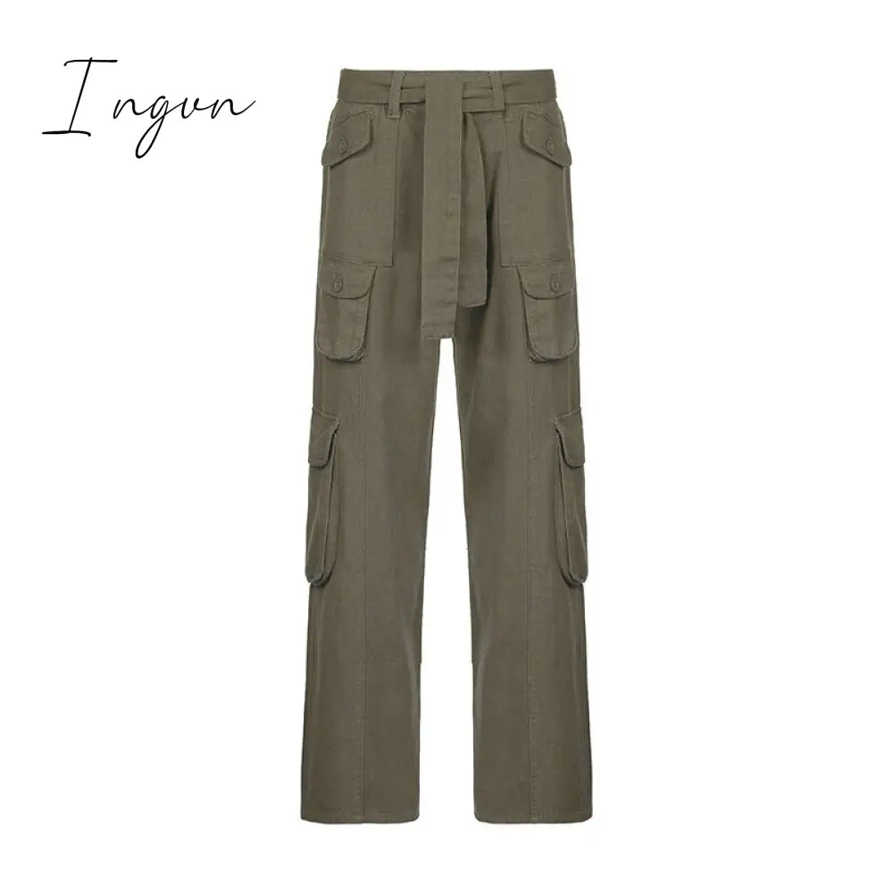 Ingvn - Hot Sell Quality Grunge Streetwear Cargo Pants Woman Low Waist Baggy Mom Jeans Vintage 90s Hippie Wide Leg Denim Trousers Korean Outfits