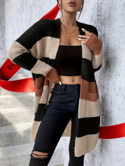 Long Sleeve Color Block Pockets Cardigan for Fall & Winter, Casual Women's Clothing