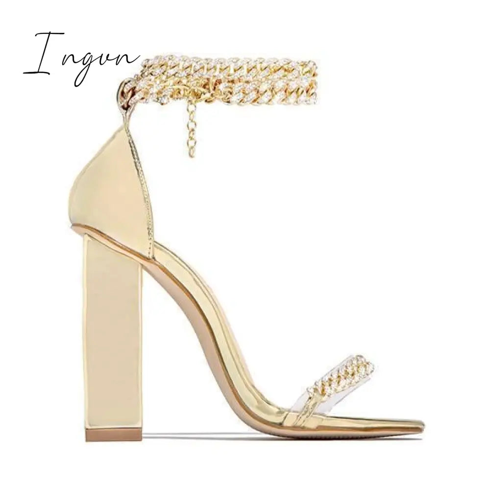 Ingvn - Gold-Tone Chain Embellished Ankle Strap Chunky Heels