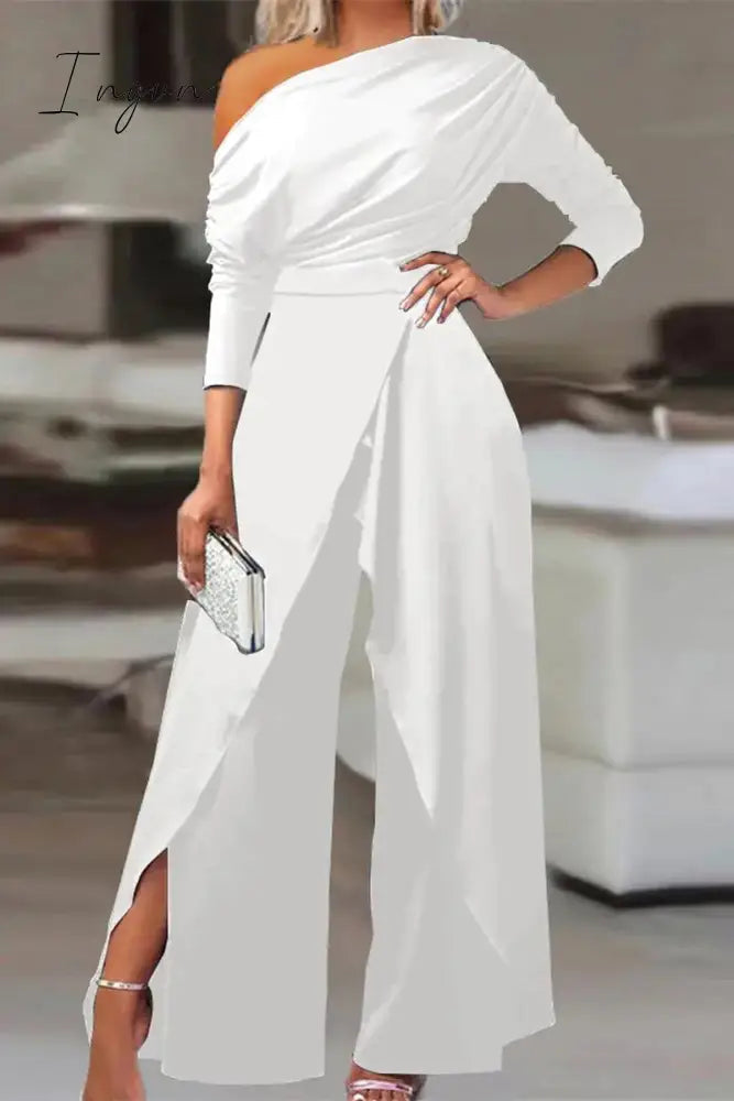 Ingvn - British Style Solid Backless Asymmetrical Oblique Collar Regular Jumpsuits(3 Colors)