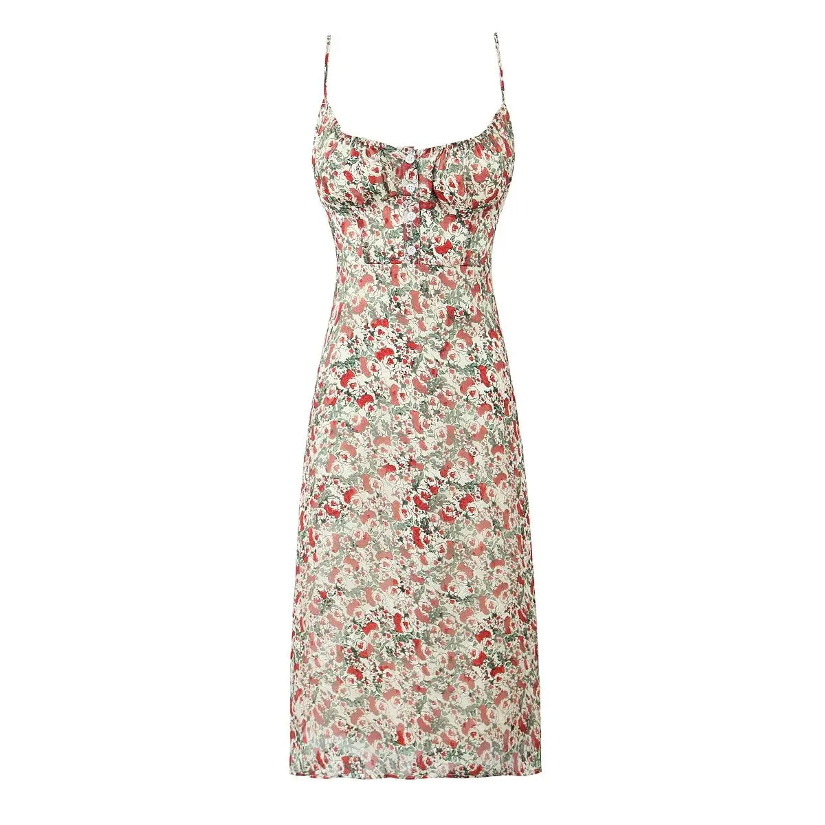 Sexy Elegant Women O Neck Thin Straps Floral Print Dress Vintage High Waist A-line Midi Holiday Summer Dresses Party Robe