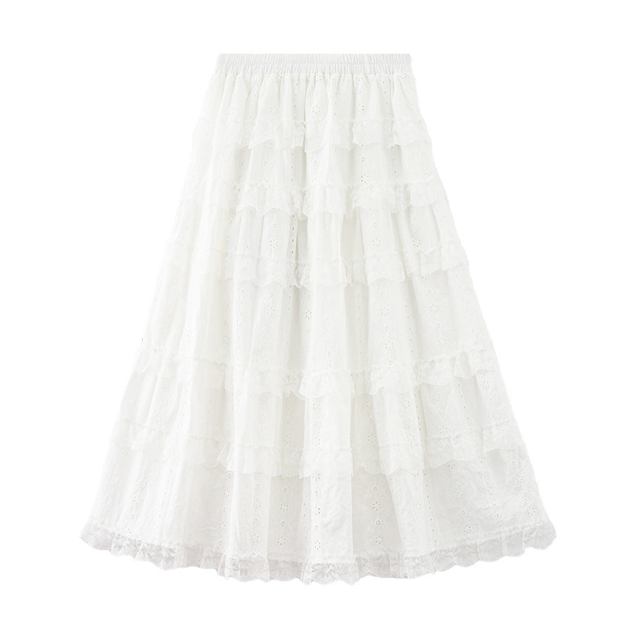 Ballet Style Cake Skirt Women's Spring Korean A- shaped Lace Stitching Mid-length Skirt