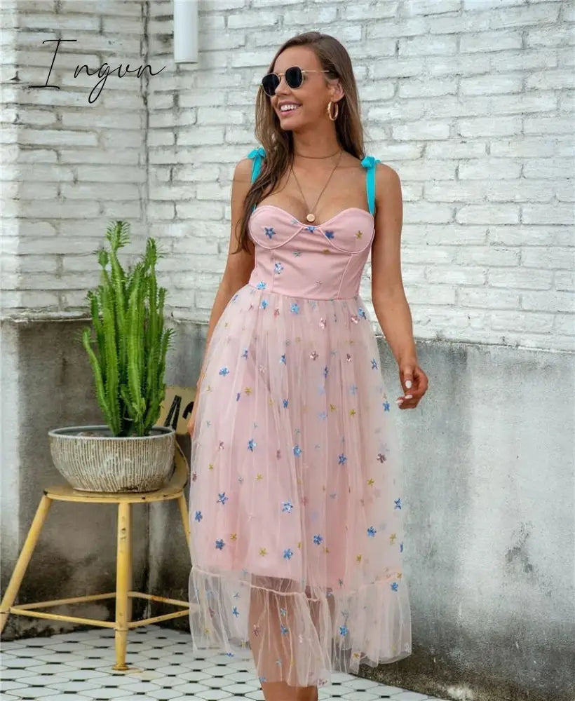 Ingvn - Strawberry Dress Women Fashion Deep V Puff Sleeve Sweet Voile Mesh Sequins Embroidery French Party Dresses 4XL 5XL