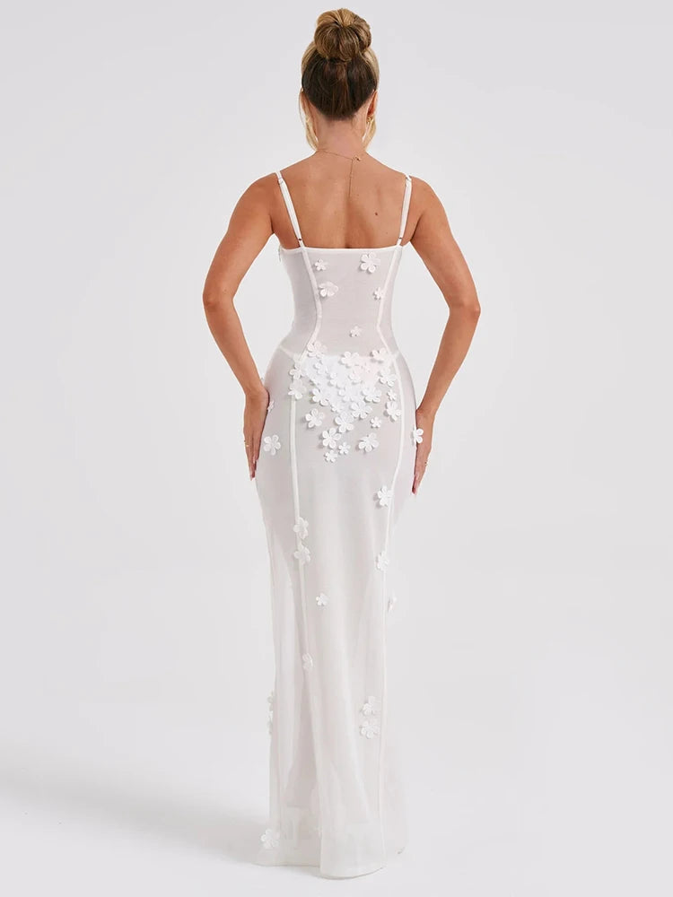 Elegant Sheer Mesh Sexy Maxi Dress For Women White See Through Spaghetti Strap Sleeveless Thigh High Split Long Dress