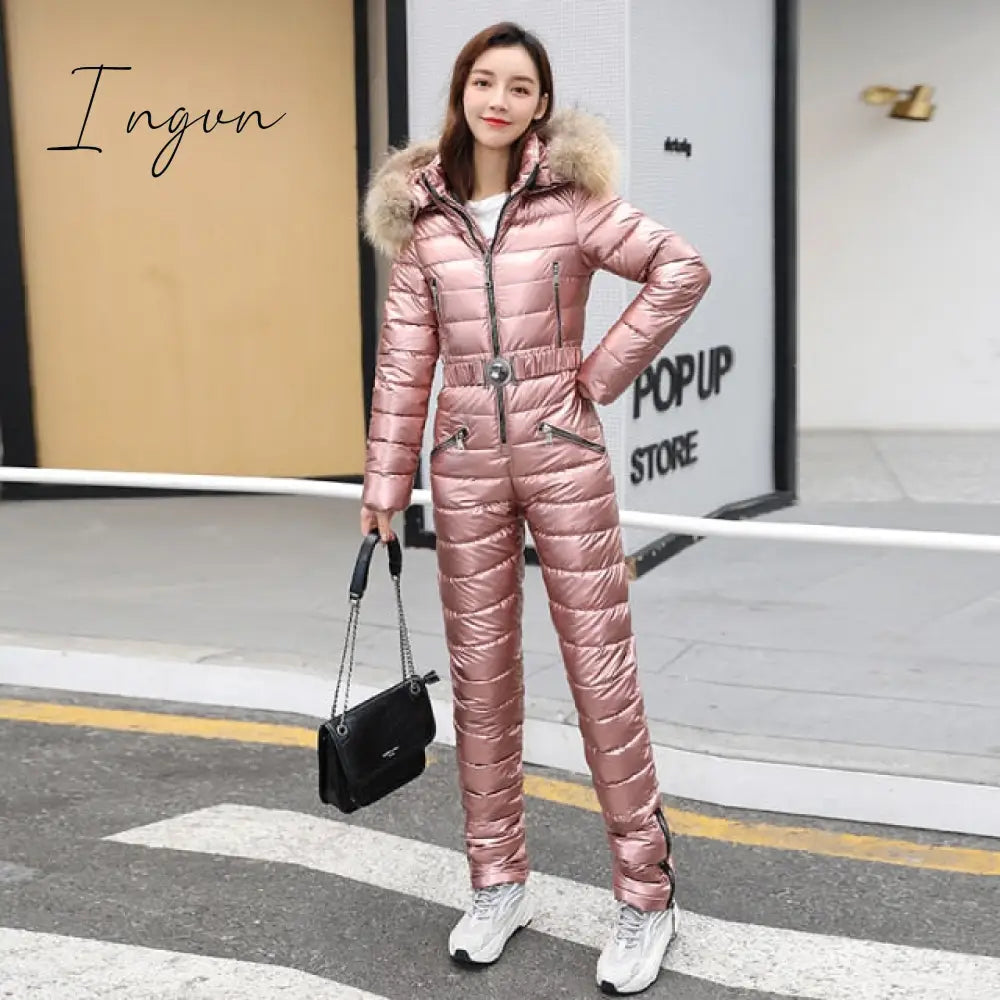 Ingvn - One Piece Ski Suit Women Jackets Winter Hooded Parka Jumpsuit Women Cotton bodysuit Sashes Jumpsuits Zipper Overalls Tracksuits