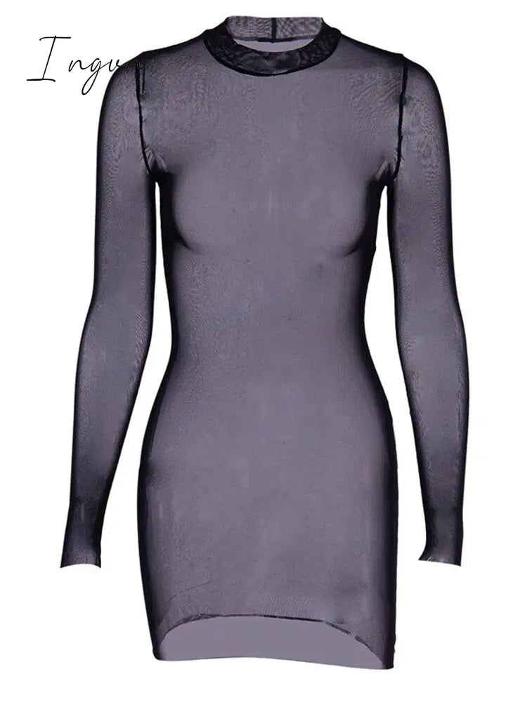Ingvn - Summer Outfits Fashion Trends Sexy Women Dress Mesh See-through Long Sleeves Dress Slim Tight Backless Dress Party Clubwear Female Mini Dresses Black