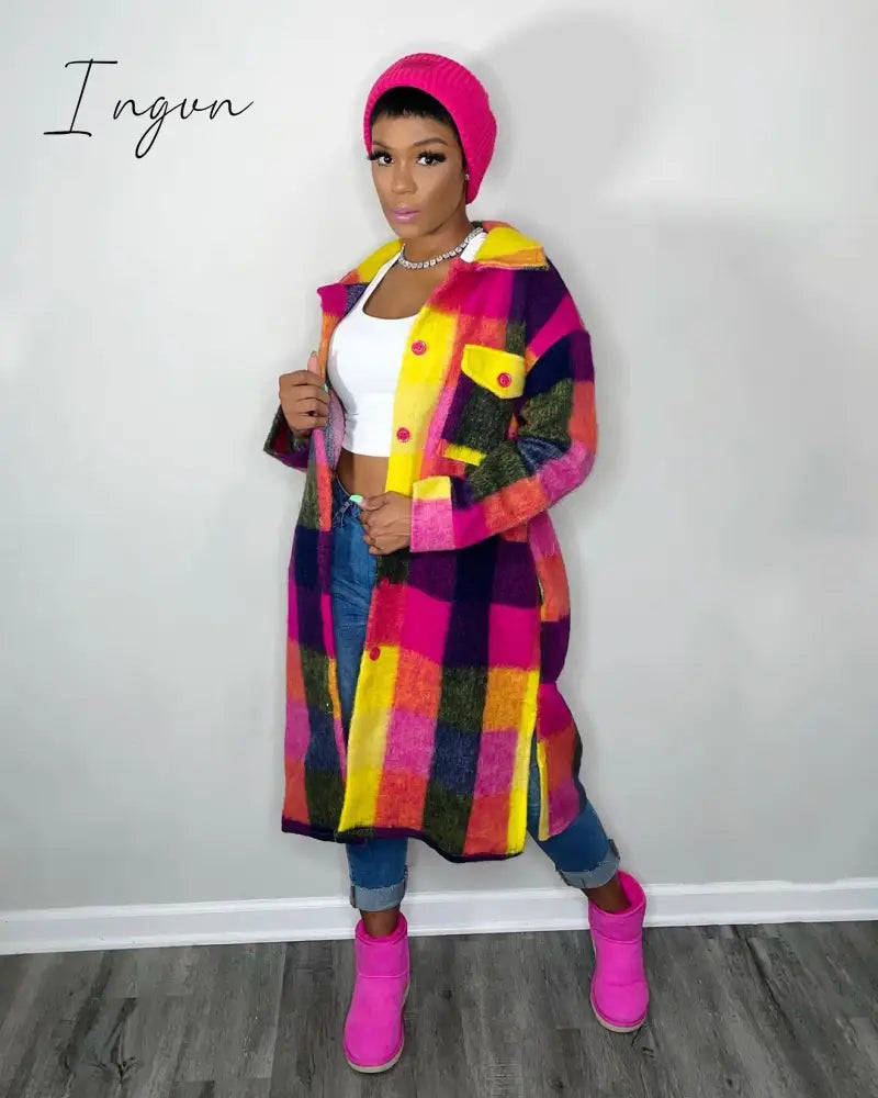 Ingvn - Women Plaid Single Breasted Long Sleeve Turn-down Neck Shirt Style Long Wool and Blends Outcoat coats and jackets women